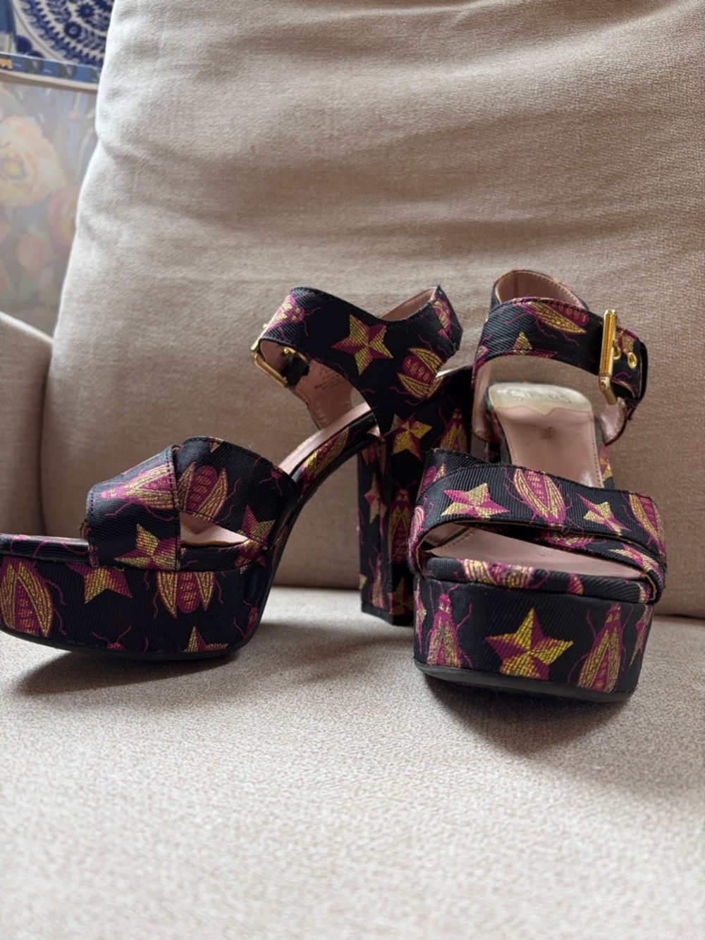 Circus by Sam Edelman Black Platform Sandals with Pink and Yellow Star Print